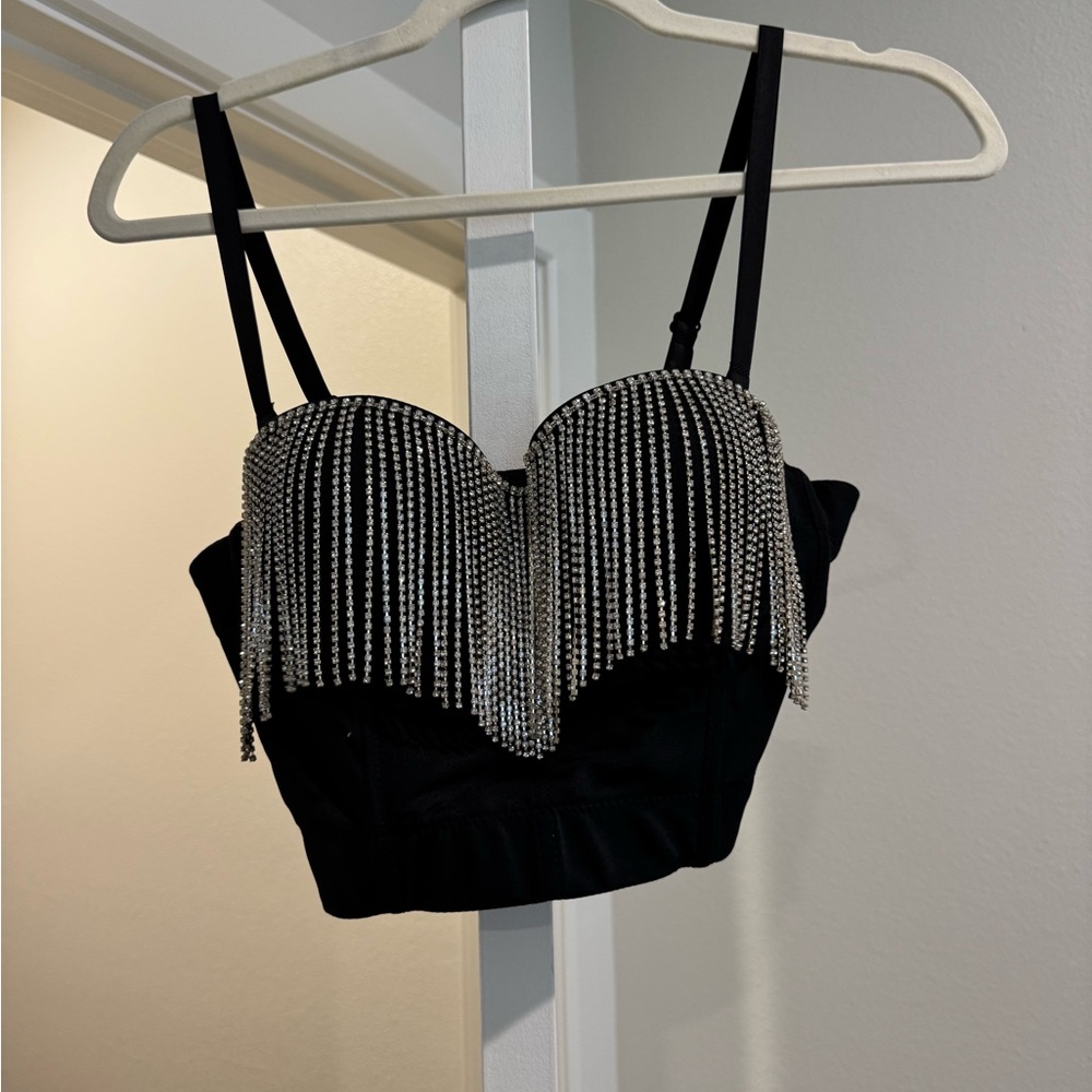 Black Crop Top with Silver Fringe